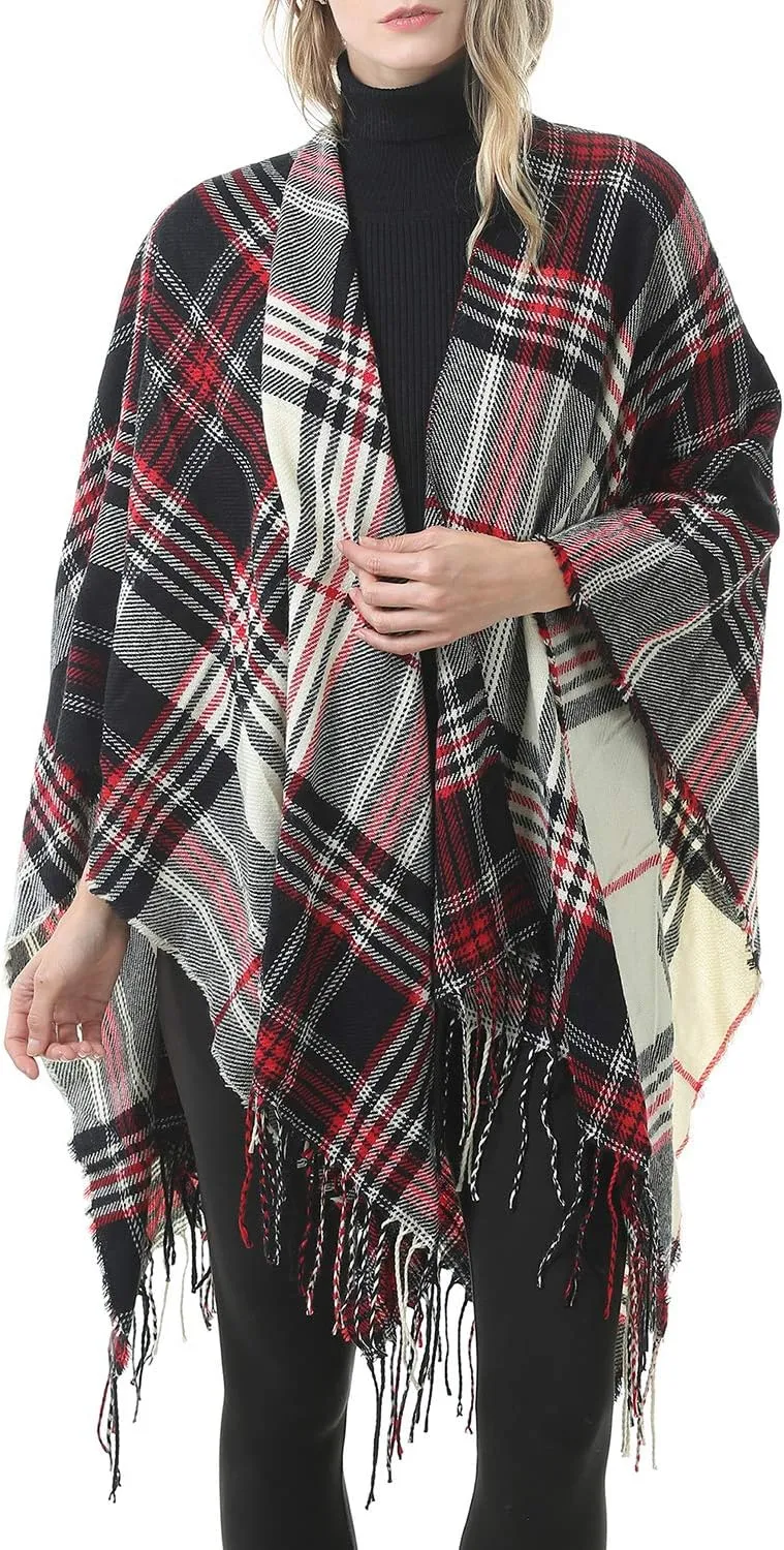 Zando Women's Warm Shawl Wrap Open Front Poncho Cape Color Block Shawls Winter Cardigan Wrap Printed Ponchos for Women 2