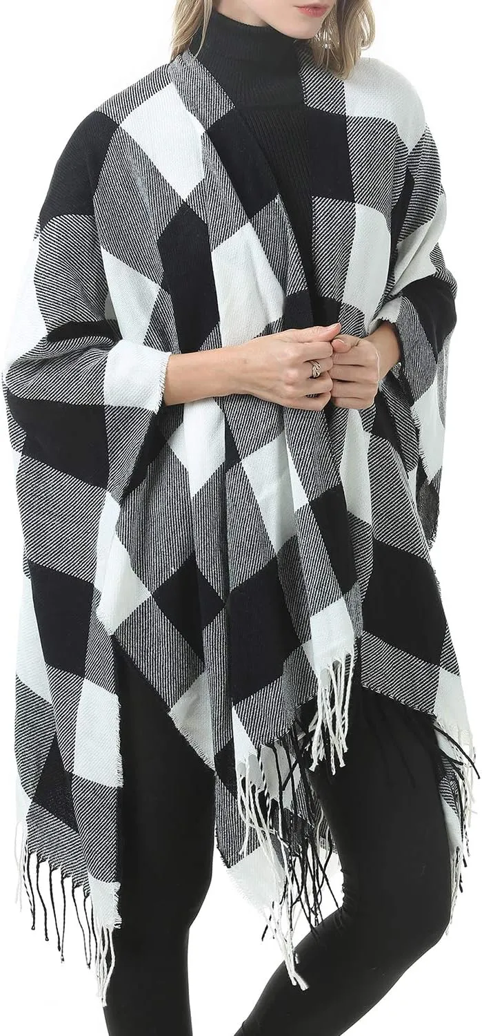 Zando Women's Warm Shawl Wrap Open Front Poncho Cape Color Block Shawls Winter Cardigan Wrap Printed Ponchos for Women 2