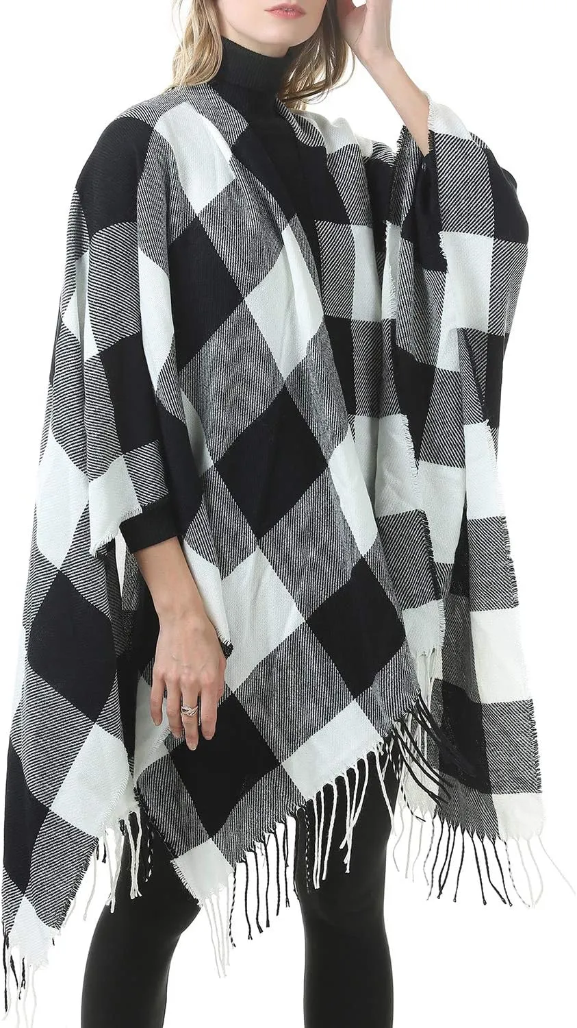 Zando Women's Warm Shawl Wrap Open Front Poncho Cape Color Block Shawls Winter Cardigan Wrap Printed Ponchos for Women 2