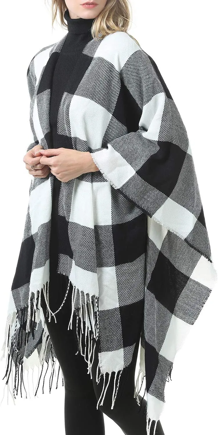 Zando Women's Warm Shawl Wrap Open Front Poncho Cape Color Block Shawls Winter Cardigan Wrap Printed Ponchos for Women 2
