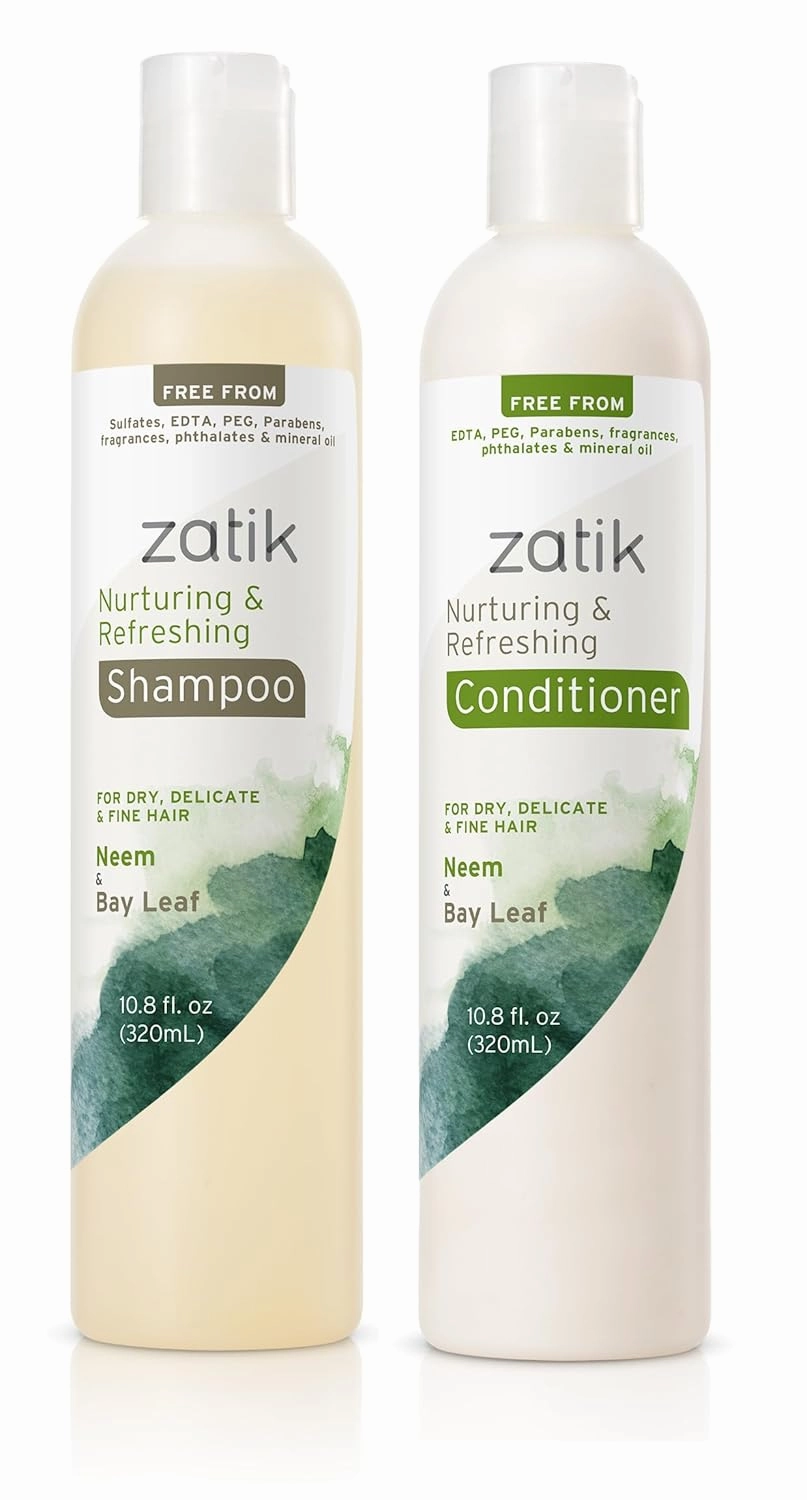 Zatik Naturals - Nurturing and Refreshing Shampoo   Conditioner Set, with Neem & Bay Leaf for Dry, Fine, Delicate Hair - Biodegradable, pH Balanced, Sulfates & Phthalates Free, 2x10.8oz (One of Each)