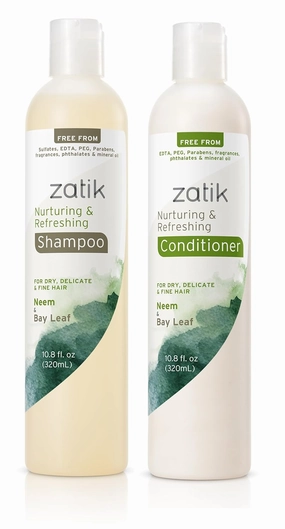 Zatik Naturals - Nurturing and Refreshing Shampoo   Conditioner Set, with Neem & Bay Leaf for Dry, Fine, Delicate Hair - Biodegradable, pH Balanced, Sulfates & Phthalates Free, 2x10.8oz (One of Each)