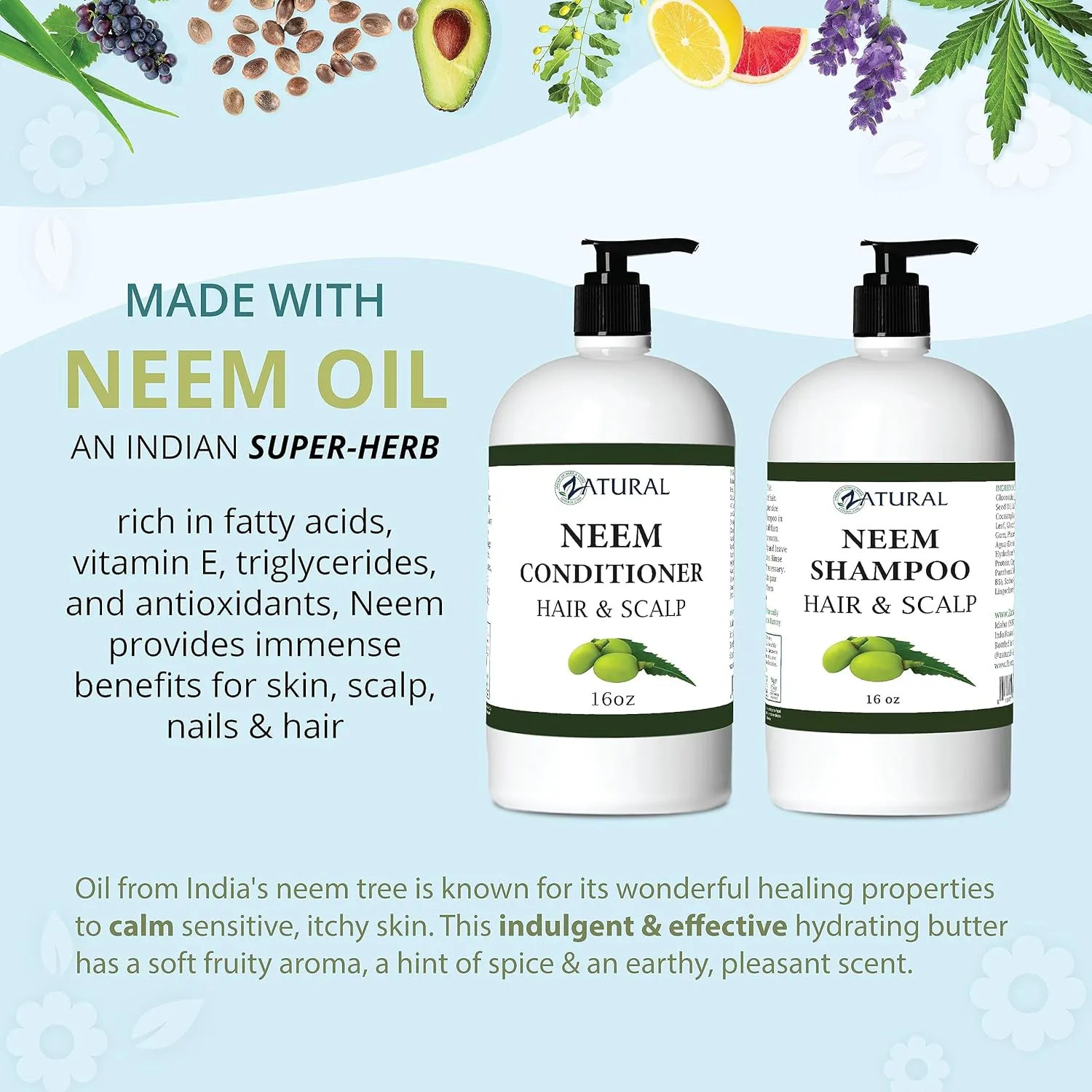Zatural Natural Neem Shampoo & Conditioner Kit, Health Soothing & Healing For Sensative Scalp & Hair Nourish & Repair (16oz Shampoo & 16oz Conditioner)