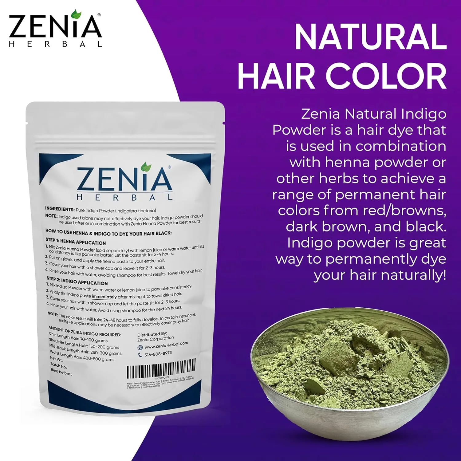 Zenia Indigo Powder (Indigofera Tinctoria) | Hair/Beard Dye Color 1lb (454g) | 100% Pure & Natural | No Preservatives