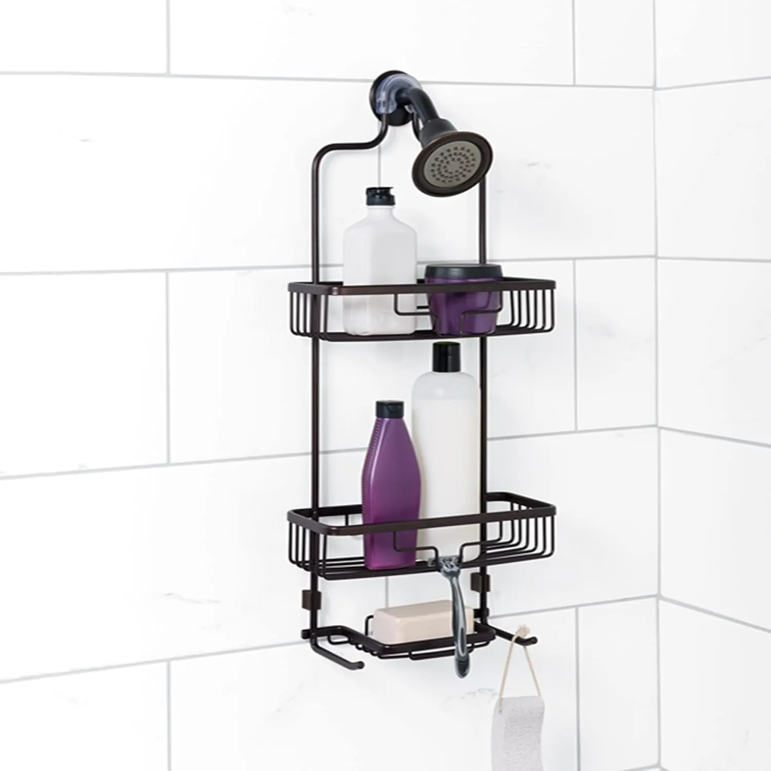 Zenna Home Rustproof Shower Caddy Hanging Bathroom Organizer, Aluminum Shower Rack with 2 Shelves and Built in Hooks, Premium Over Shower Head Storage System, Bronze