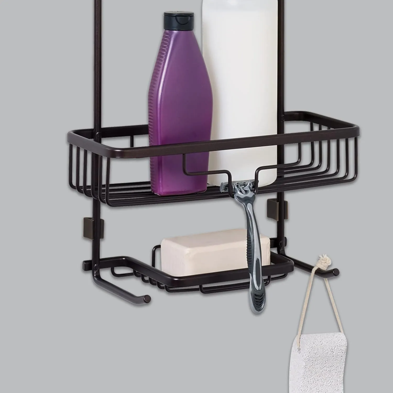 Zenna Home Rustproof Shower Caddy Hanging Bathroom Organizer, Aluminum Shower Rack with 2 Shelves and Built in Hooks, Premium Over Shower Head Storage System, Bronze