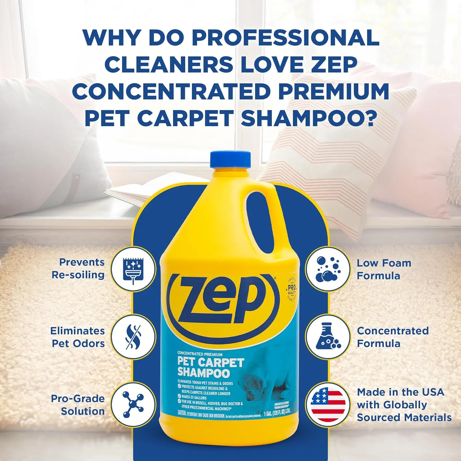 Zep Premium Pet Carpet Shampoo - 1 Gallon (Case of 4) ZUPPC128 - Concentrated Pro Formula Removes Tough Pet Stains and Odors