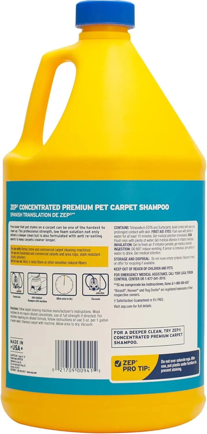 Zep Premium Pet Carpet Shampoo - 1 Gallon (Case of 4) ZUPPC128 - Concentrated Pro Formula Removes Tough Pet Stains and Odors