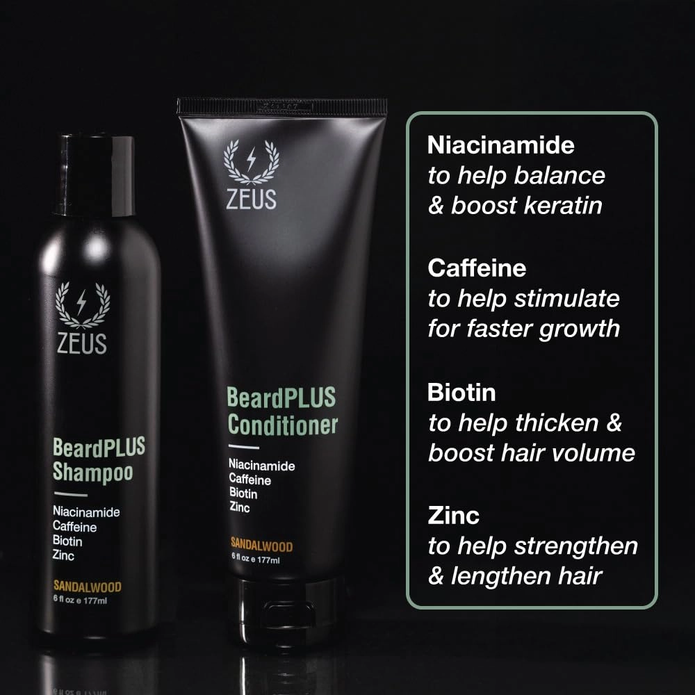 ZEUS BeardPlus Shampoo & Conditioner Beard Wash Set for Men, Premium Beard Wash for Enhanced Growth, Thicker & Stronger Facial Hair with Biotin & Caffeine (Made in USA)