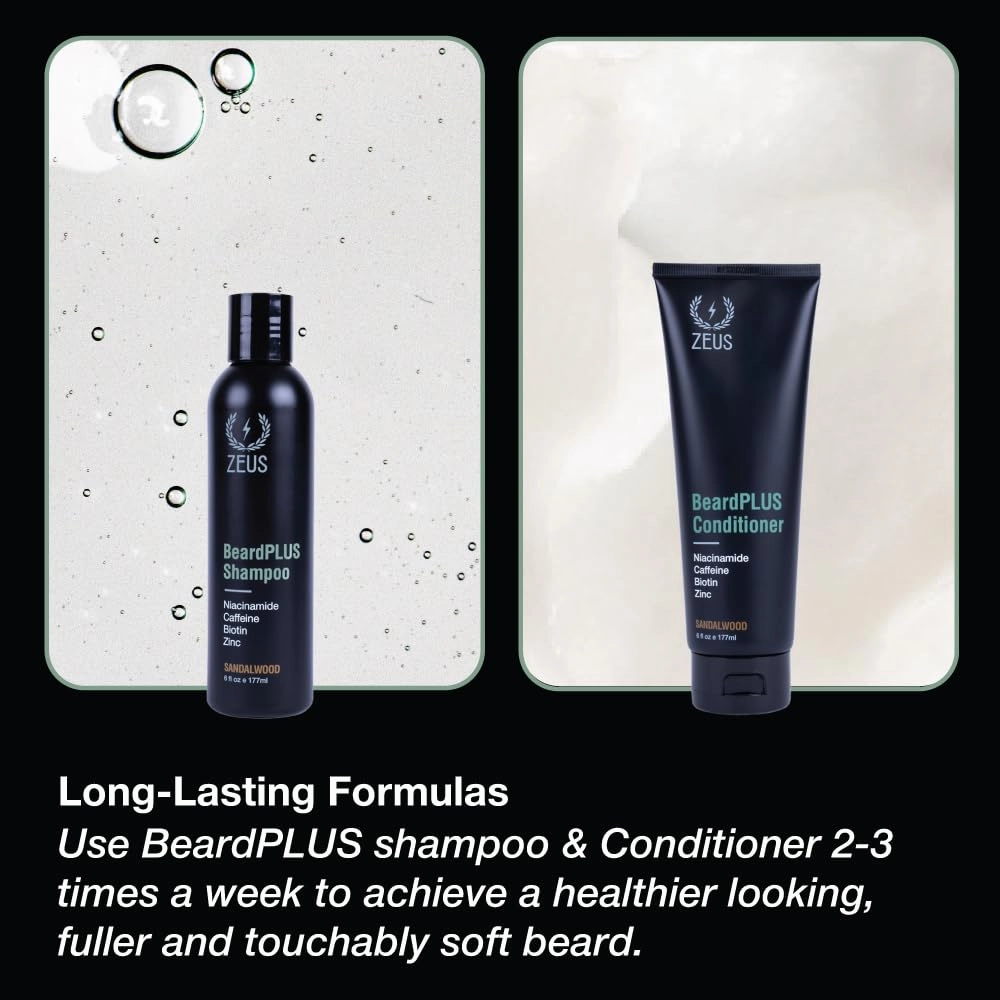ZEUS BeardPlus Shampoo & Conditioner Beard Wash Set for Men, Premium Beard Wash for Enhanced Growth, Thicker & Stronger Facial Hair with Biotin & Caffeine (Made in USA)